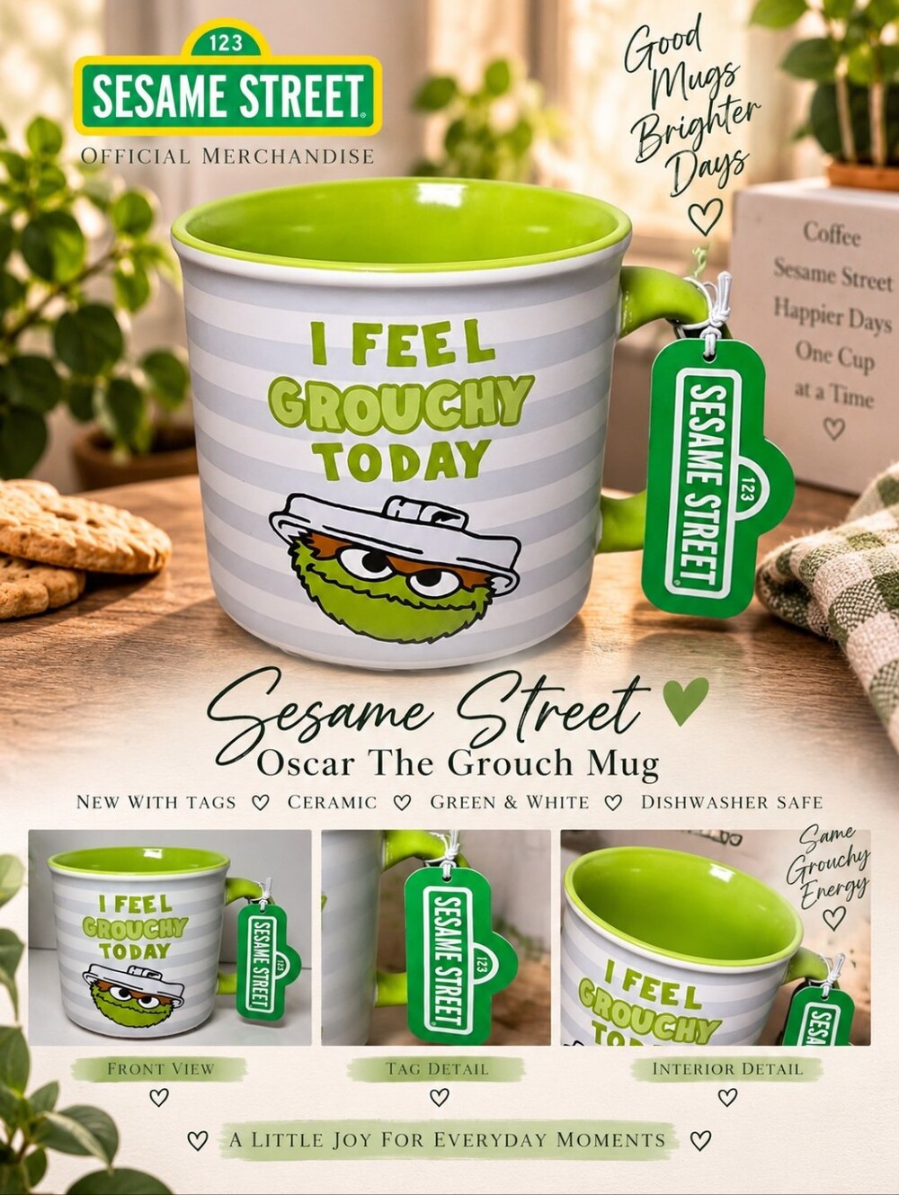 🗑 NWT Sesame Street Oscar The Grouch Coffee Mug